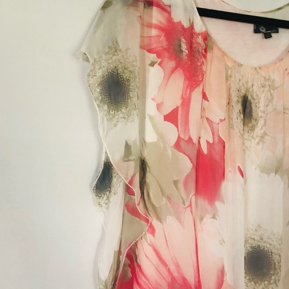 Silk Blouse Flower Print Pink White Size Large Butterfly Sleeve - Picture 3 of 10